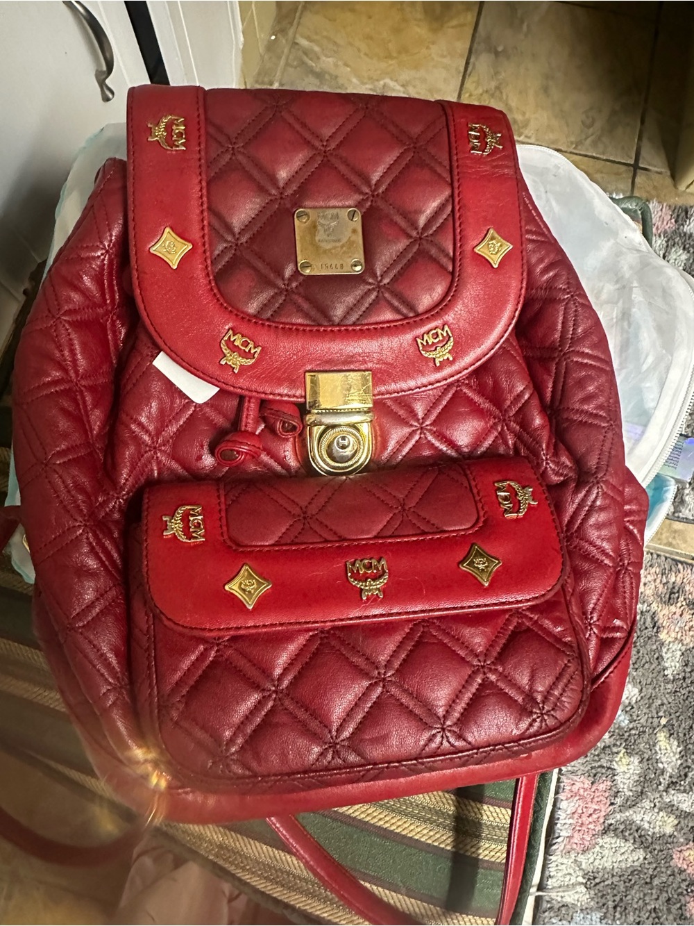 MCM Quilted Crimson Leather Backpack with Gold Accents